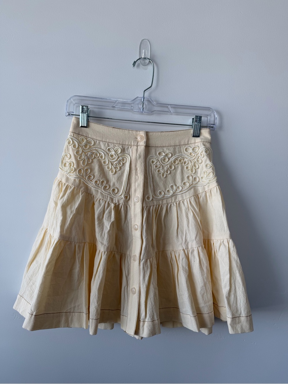 böhme Cream Embroidered Button Front Mini Skirt XS